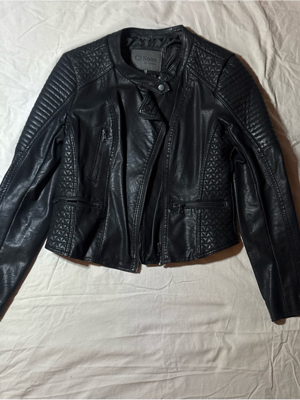 Ci Sono Black Quilted Faux Leather Moto Jacket with Snap Collar